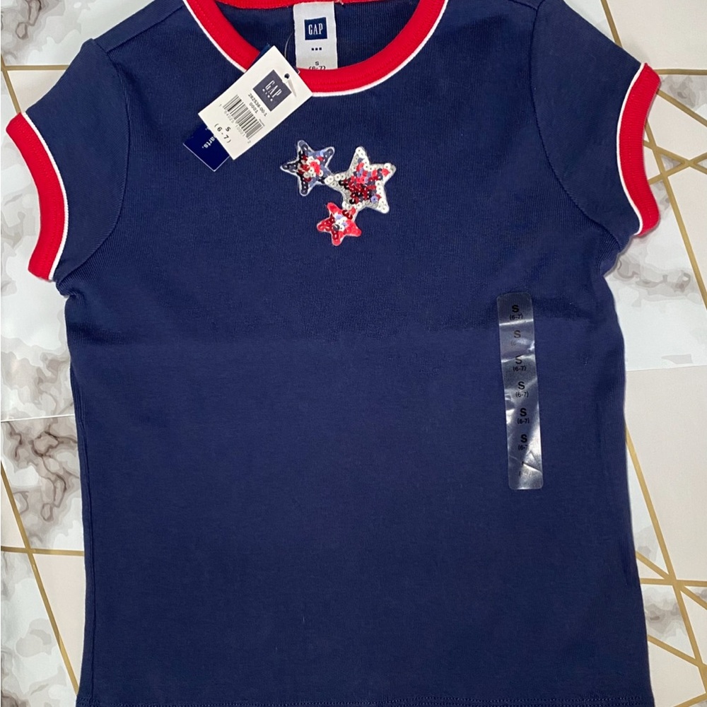 NWT Vintage 2005 Gap Kids Sm 6-7 Knit Shirt Patriotic Sequin Star Blue Red White